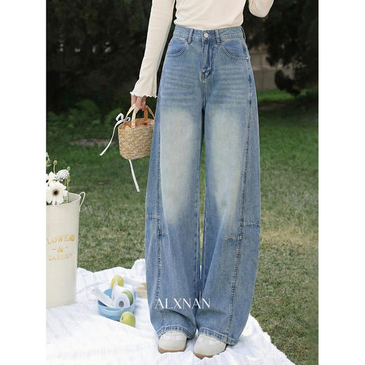 鹿向南「左岸之语」蓝色高腰显瘦阔腿牛仔裤女春新款拼接工装长裤 商品图3