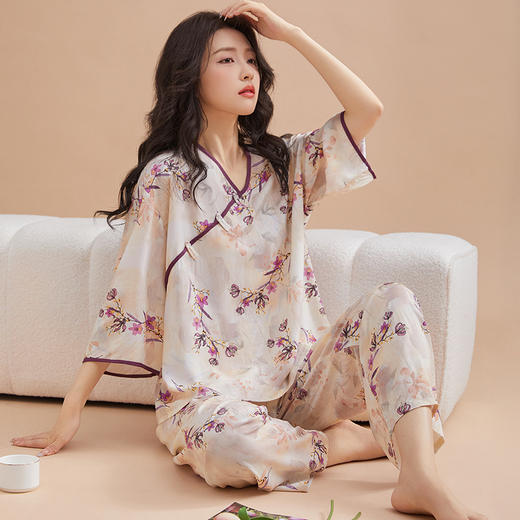 【新中式国风❗气质优雅】睡衣女春夏秋季新款绵绸盘扣七分袖长裤甜美国风家居服套装。rh 商品图2