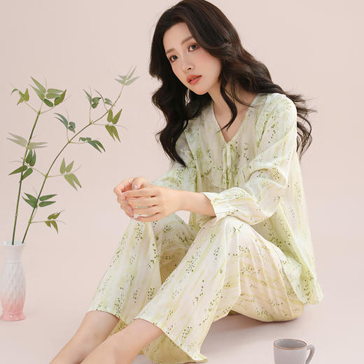 【舒适柔软❗亲肤透气】女士绵绸睡衣透气健康宽松双长款套装系带绳花边款家居服柔软舒适。rh 商品图2