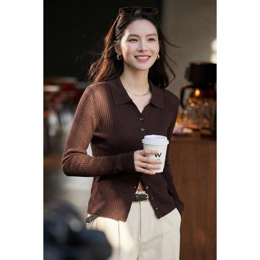 16针精纺羊毛混纺针织衫 米思阳2026春新款减龄显瘦小翻领单排扣弹力针织衫上衣女1151/1110 商品图2