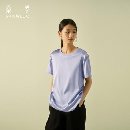 通勤百搭』桑罗圆领桑蚕丝短袖T恤纯色宽松舒适上衣女夏凉感亲肤 商品图2