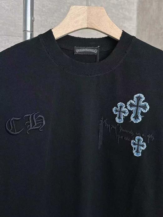 F031202春夏新款男女同款水洗磨破工艺 logo牛仔贴布刺绣短袖T恤 商品图2