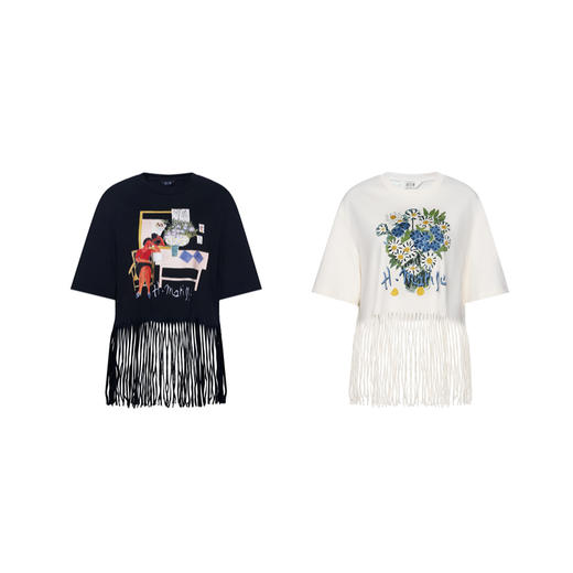 两三事 心舟浮影 2026春季新款时尚流苏下摆印花纯棉短袖t恤女 商品图4