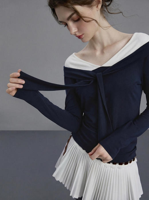 设计师款优雅芭蕾蝴蝶结假两件上衣 商品图0