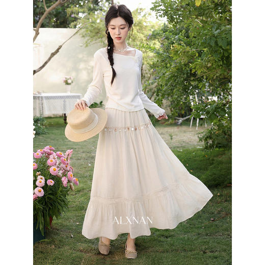 鹿向南「晚风漫旅」高腰显瘦蛋糕半身裙女春夏蕾丝拼接显瘦长裙子 商品图1