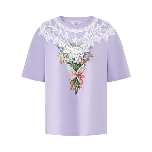 两三事 浅梦未央 2026春季新款小清新蕾丝拼接印花短袖t恤女宽松 商品图4