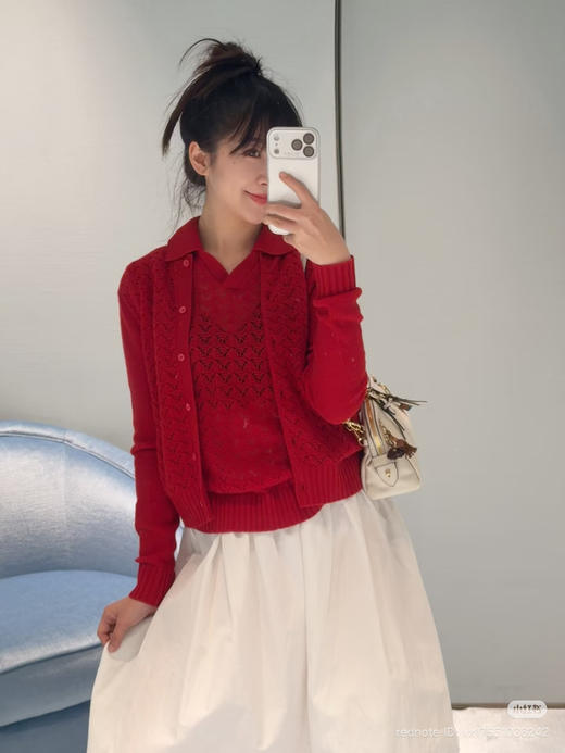 312-4 渠道圆正 刘浩存 miu蕾丝效果 羊绒针织开衫 polo翻领短袖 商品图6