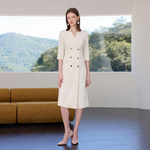IWY/春季七分袖双排扣连衣裙女中长款米白色高级感正式场合裙子Q1515 商品图3