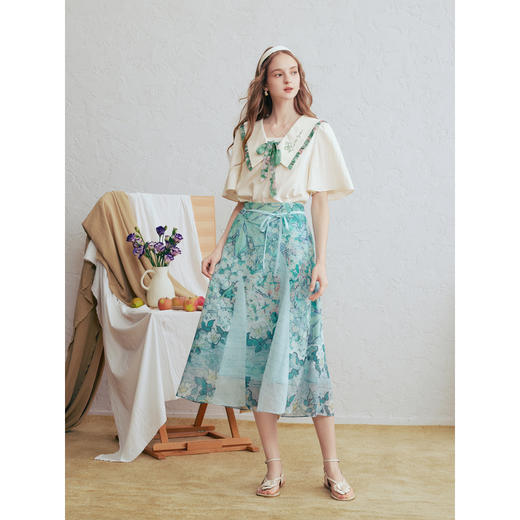 两三事梵高文艺 时光折页 2026春季新款小清新印花系带a字半身裙 商品图1