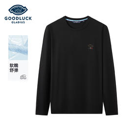 德鲨男士黑色长袖圆领T恤2026春季新款休闲弹力打底上衣体恤衫男