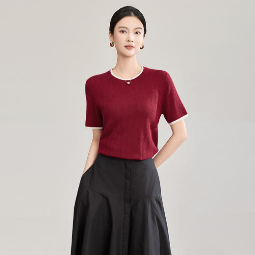 「高货wl」全新升级【铂金会员220/天猫289/差价69】(95139)洛诗琳立体挑孔织花羊毛短袖上衣2026春夏气质撞色针织衫 商品图2