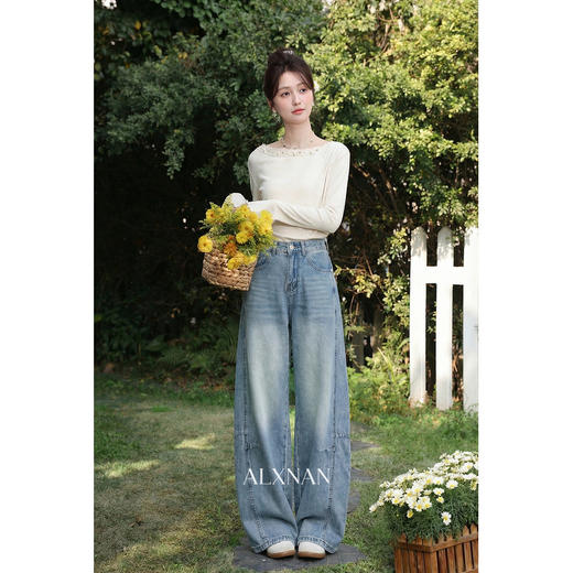 鹿向南「左岸之语」蓝色高腰显瘦阔腿牛仔裤女春新款拼接工装长裤 商品图2