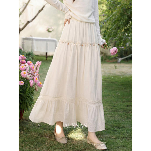 鹿向南「晚风漫旅」高腰显瘦蛋糕半身裙女春夏蕾丝拼接显瘦长裙子 商品图0