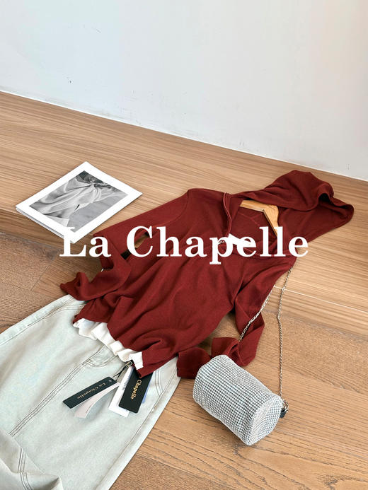 专柜实拍【柔软绵羊毛】拉夏贝尔/La Chapelle复古明艳港风！氛围感连帽半拉链撞色假两件软糯质感针织衫★ 商品图3