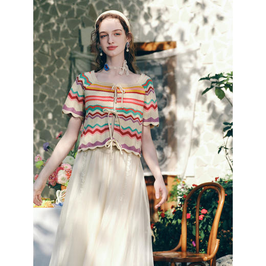 两三事 软风记事 2026春季新款度假风彩虹波浪纹绑带针织开衫女 商品图2