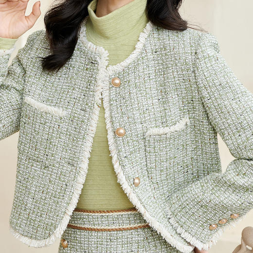 剩XXL 米思阳2026秋季新款优雅淑女小香风短外套减龄绿色单排扣上衣3223 商品图4