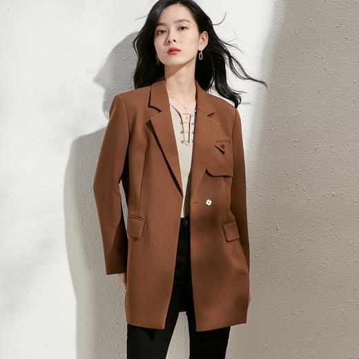 剩S 芳外新款通勤气质咖色女式西装拼接设计收腰直筒外套8T22AW0016 商品图1