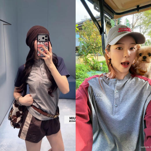 312-1 渠道货 miu休闲插肩袖 拼接色 蓝灰色短袖/红灰色长袖 商品图0