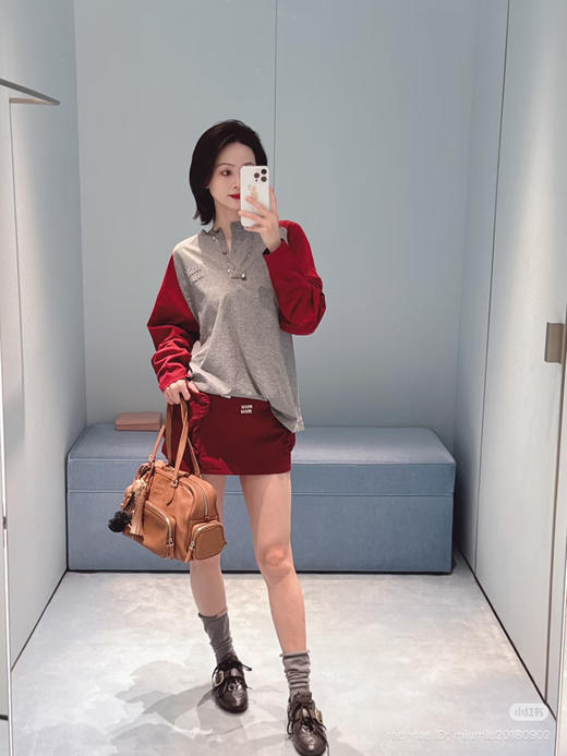 312-1 渠道货 miu休闲插肩袖 拼接色 蓝灰色短袖/红灰色长袖 商品图12