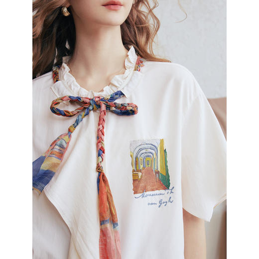 两三事梵高文艺薄翼断章2026春新款麻花辫绑带可拆领带印花衬衫女 商品图3