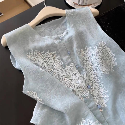 国风别致设计款上衣 今年流行 漂亮别致独特绝美 时尚小众设计 高奢百搭宽松蓝色上衣夏 商品图3