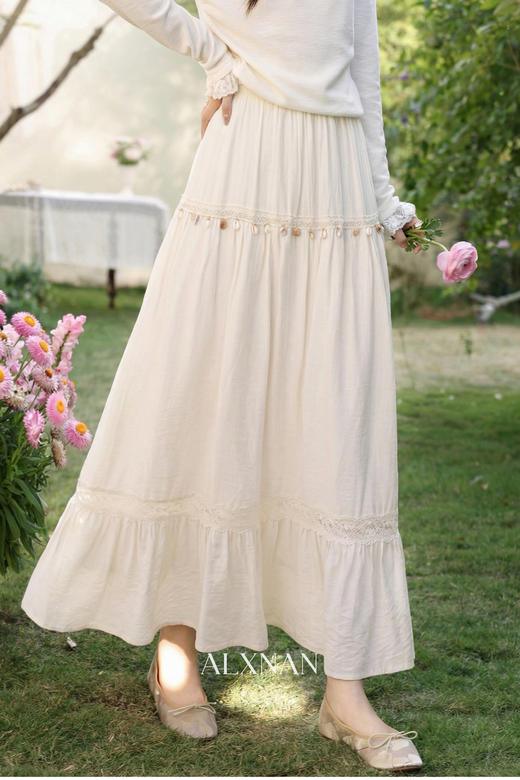 鹿向南「晚风漫旅」高腰显瘦蛋糕半身裙女春夏蕾丝拼接显瘦长裙子 商品图5