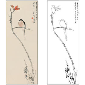 谢稚柳花鸟工笔画白描底稿《红枫小鸟》临摹勾线高清打印稿XZ53