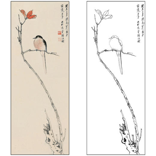 谢稚柳花鸟工笔画白描底稿《红枫小鸟》临摹勾线高清打印稿XZ53 商品图0