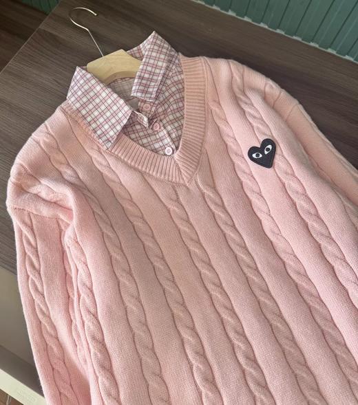 F031261少女感浅粉色宽松oversize黑色爱心刺绣假两件针织毛衣 商品图11