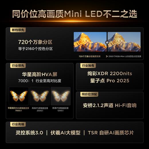 TCL电视 75T7L 75英寸 QD-Mini LED 华星高阶HVA屏 万象分区 绚彩XDR 2200nits 超薄电视 商品图1