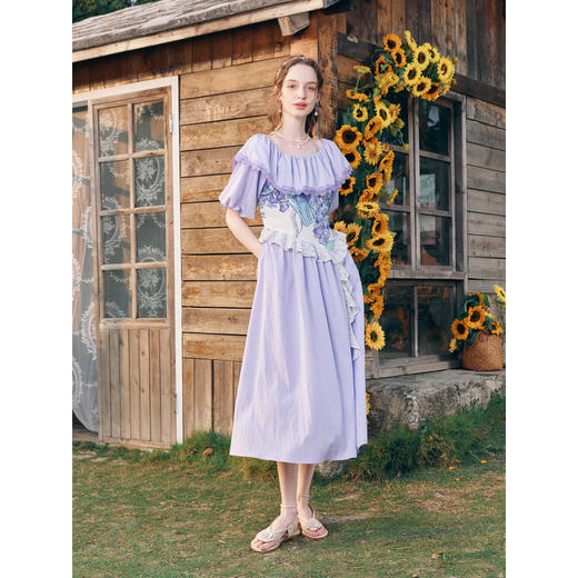 两三事梵高文艺不朽甜梦2026春新款法式露肩一字肩印花绑带连衣裙 商品图2