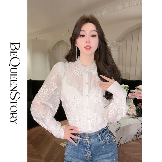 【孤品样衣，不退不换】【花月茉莉】法式特种绣花钉珠荷叶边立领泡泡袖衬衫 商品图0