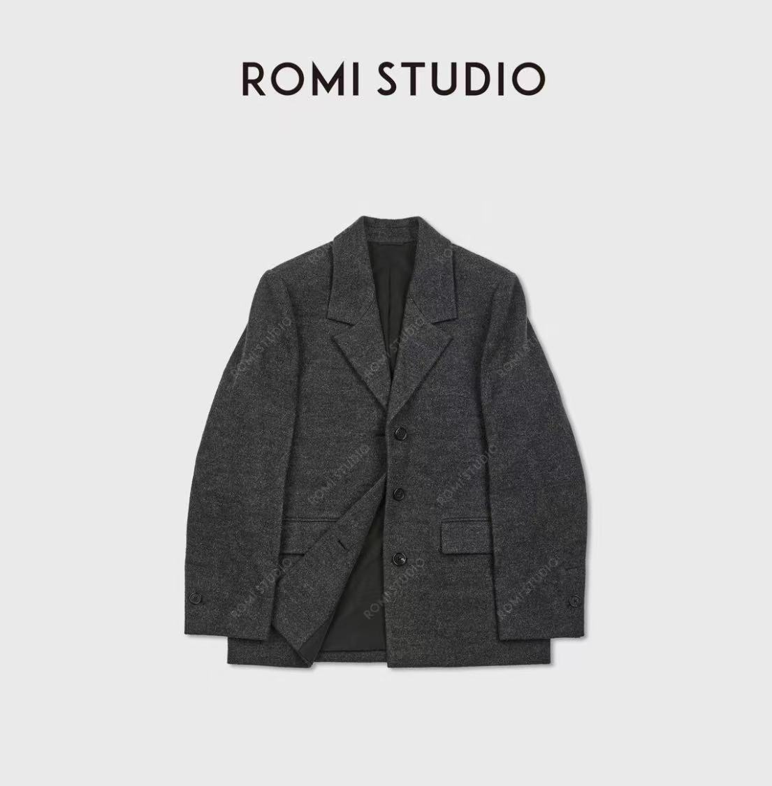 ROMI STUDIO“自我轮廓”羊毛混纺复古颗粒纹微收腰西装RWCWWG7246