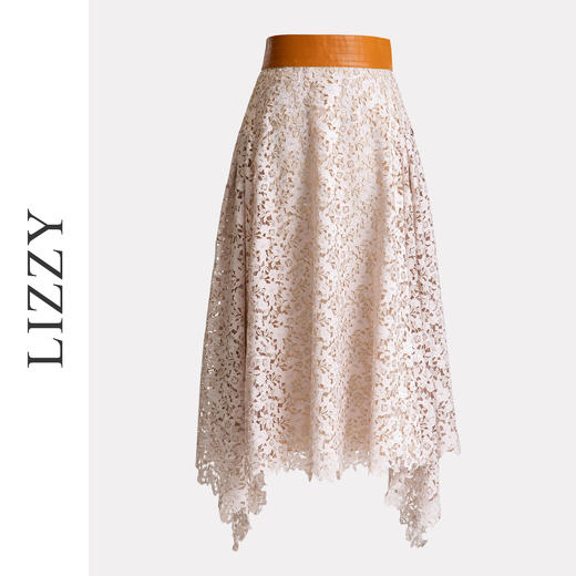 LIZZY 早秋 优雅名媛风撞色高腰刺绣蕾丝激光镂空不规则半身裙7600 商品图6