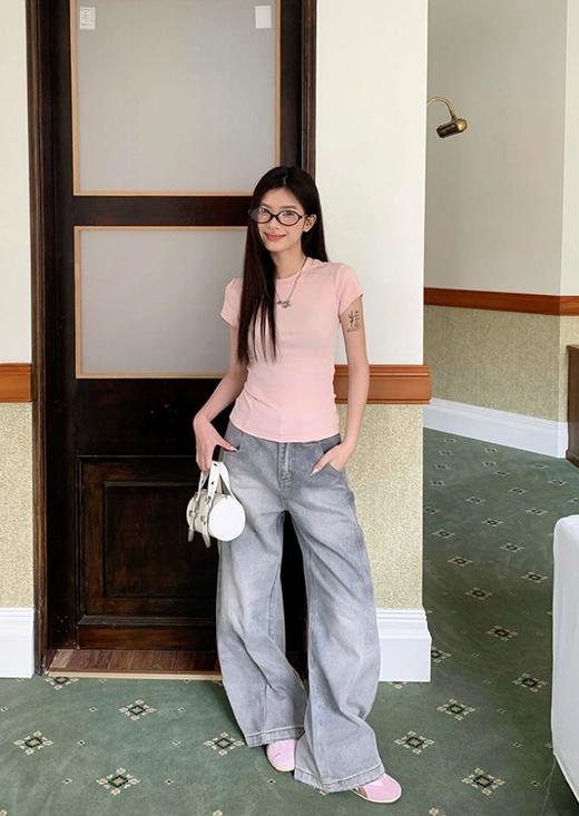 韩国单~简约经典拼接纯色过肩T恤 商品图2