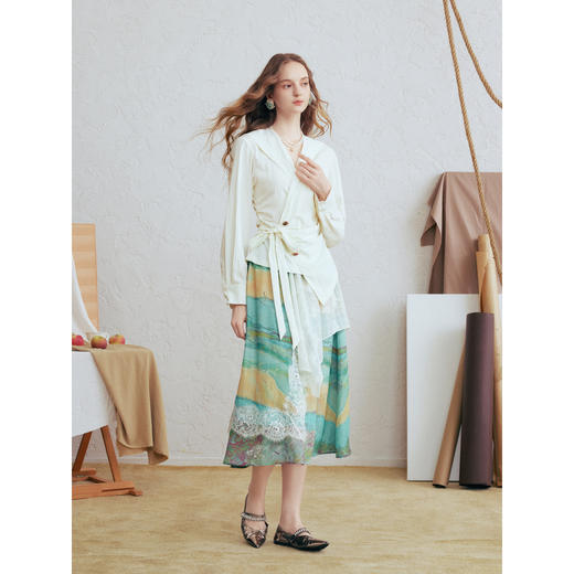 两三事梵高文艺草色初晴2026春季新款蕾丝拼接印花拼布a字半身裙 商品图2