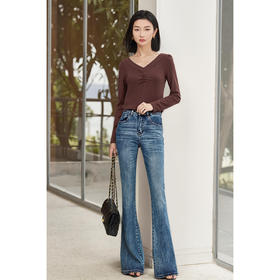 剩M 咖色针织上衣+微喇牛仔裤套装5R25CG5039