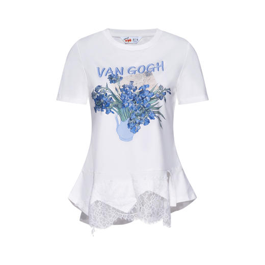 两三事梵高文艺心事晴朗2026春新款印花蕾丝拼接不规则下摆t恤女 商品图4