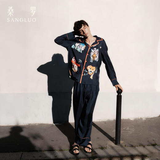桑罗魔法小狗涂鸦印花藏青色简约男士家居服桑蚕丝 商品图3