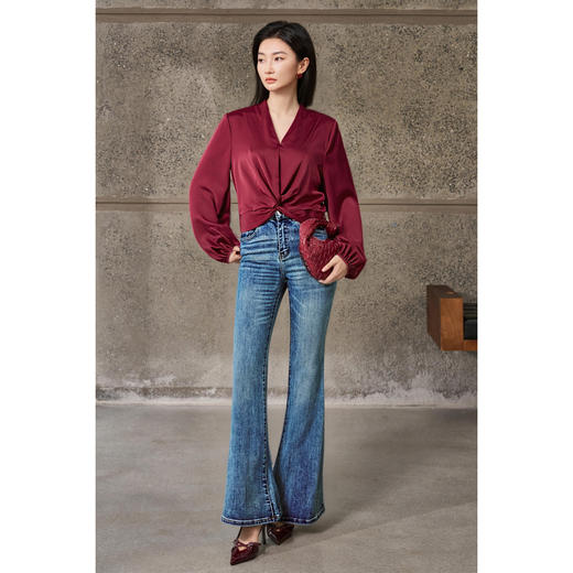 剩M/L 酒红V领衬衫+高腰马蹄裤套装5Y25CG5073 商品图4
