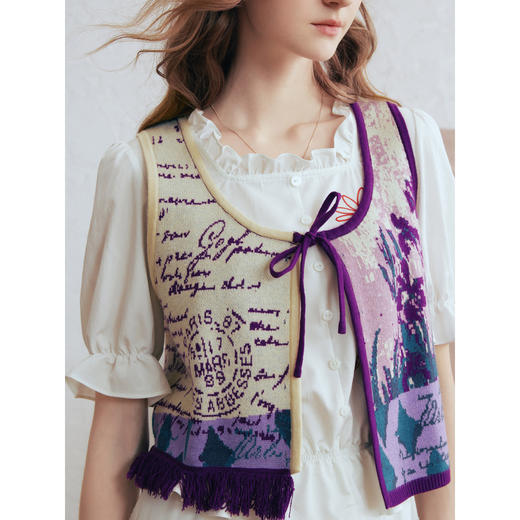 两三事温柔生长2026春季新款法式油画图案流苏拼接绑带针织开衫女 商品图3