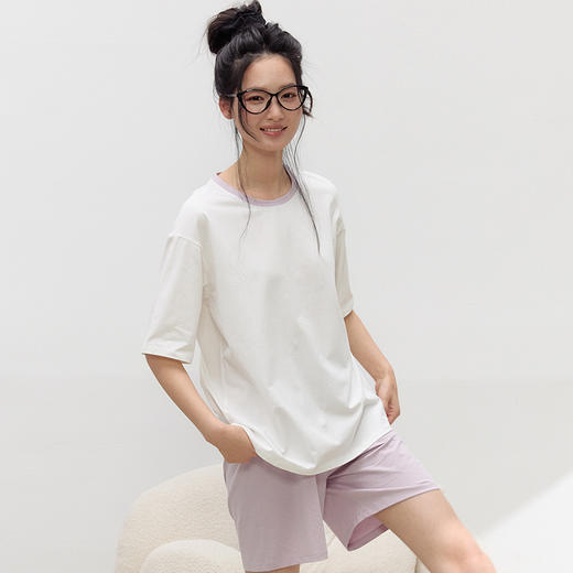 【2026夏季新品】棉柔・撞色家居服套装 可外穿棉睡衣女春夏套头亲肤舒适 简约短袖短裤套装 商品图6