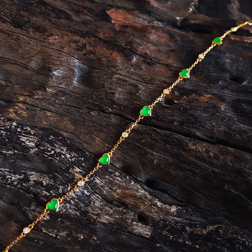 【天然正品】A货翡翠AU750黄金镶钻镶天然细腻满绿冰种心形翡翠手链18CM（皆取最大值）030326NJT15 商品图3