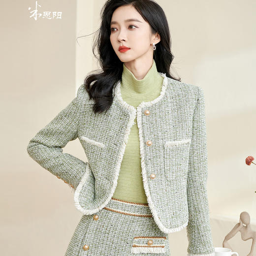剩XXL 米思阳2026秋季新款优雅淑女小香风短外套减龄绿色单排扣上衣3223 商品图0