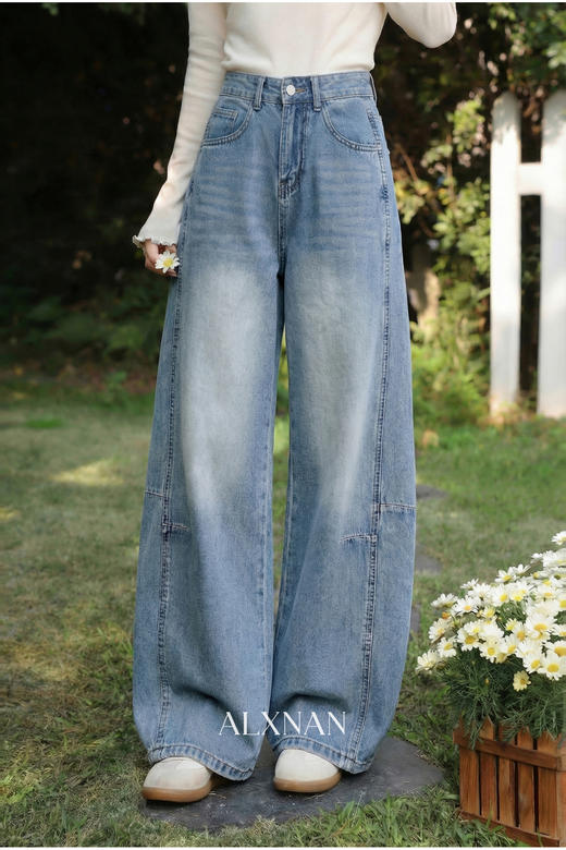 鹿向南「左岸之语」蓝色高腰显瘦阔腿牛仔裤女春新款拼接工装长裤 商品图5