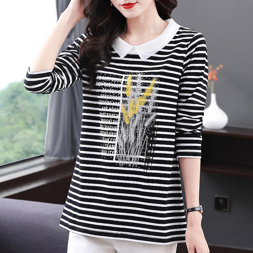 2026春秋季新款纯棉条纹女士长袖t恤休闲大码女装上衣打底衫宽松 商品图3
