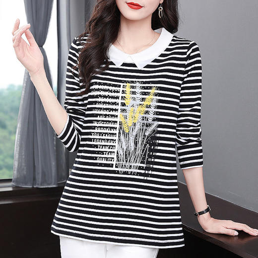 2026春秋季新款纯棉条纹女士长袖t恤休闲大码女装上衣打底衫宽松 商品图1