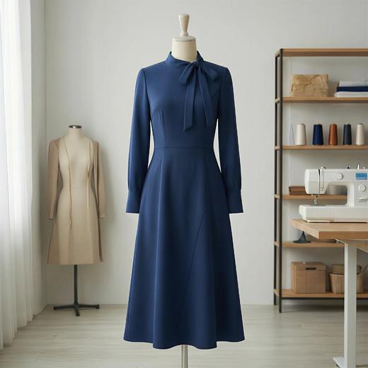 飘带领不对称破刀长袖气质连衣裙 商品图2