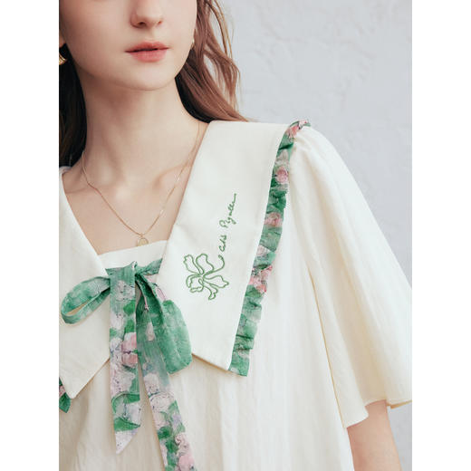 两三事梵高文艺月光废墟2026春新款印花荷叶边刺绣翻领绑带衬衫女 商品图3