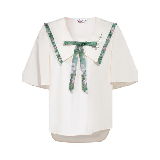 两三事梵高文艺月光废墟2026春新款印花荷叶边刺绣翻领绑带衬衫女 商品图4